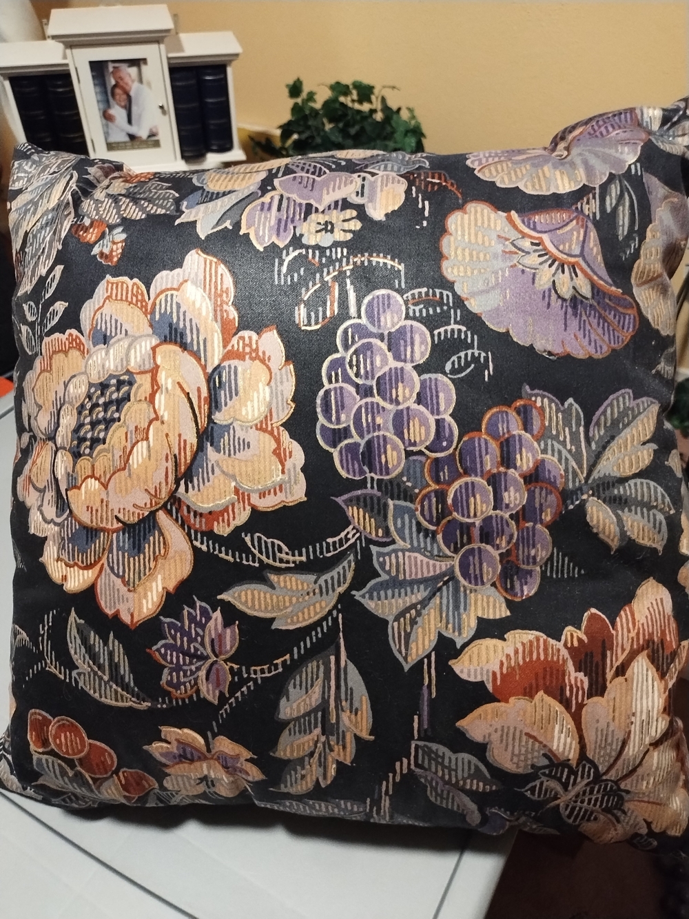 Decorative Floral Throw Pillow in Black with Multicolor Blooms